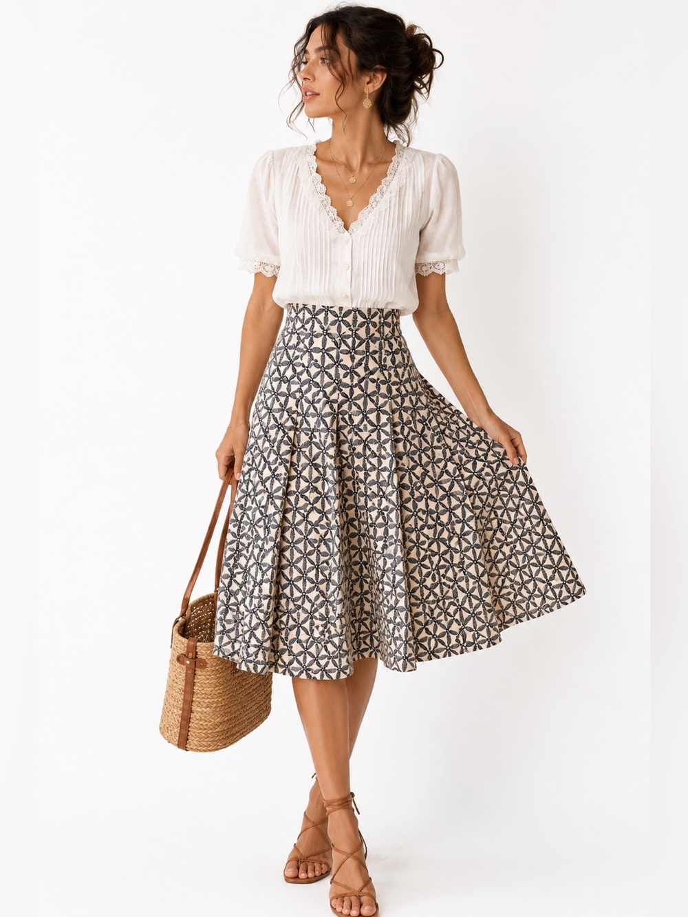 GAP A-Line Skirt Size 0 Blue Cream Geometric Print Cotton Summer